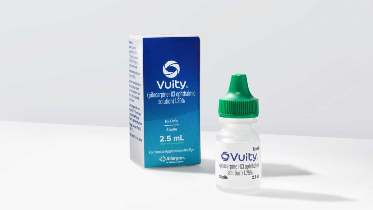 A bottle of Vuity prescription eye drops is shown.