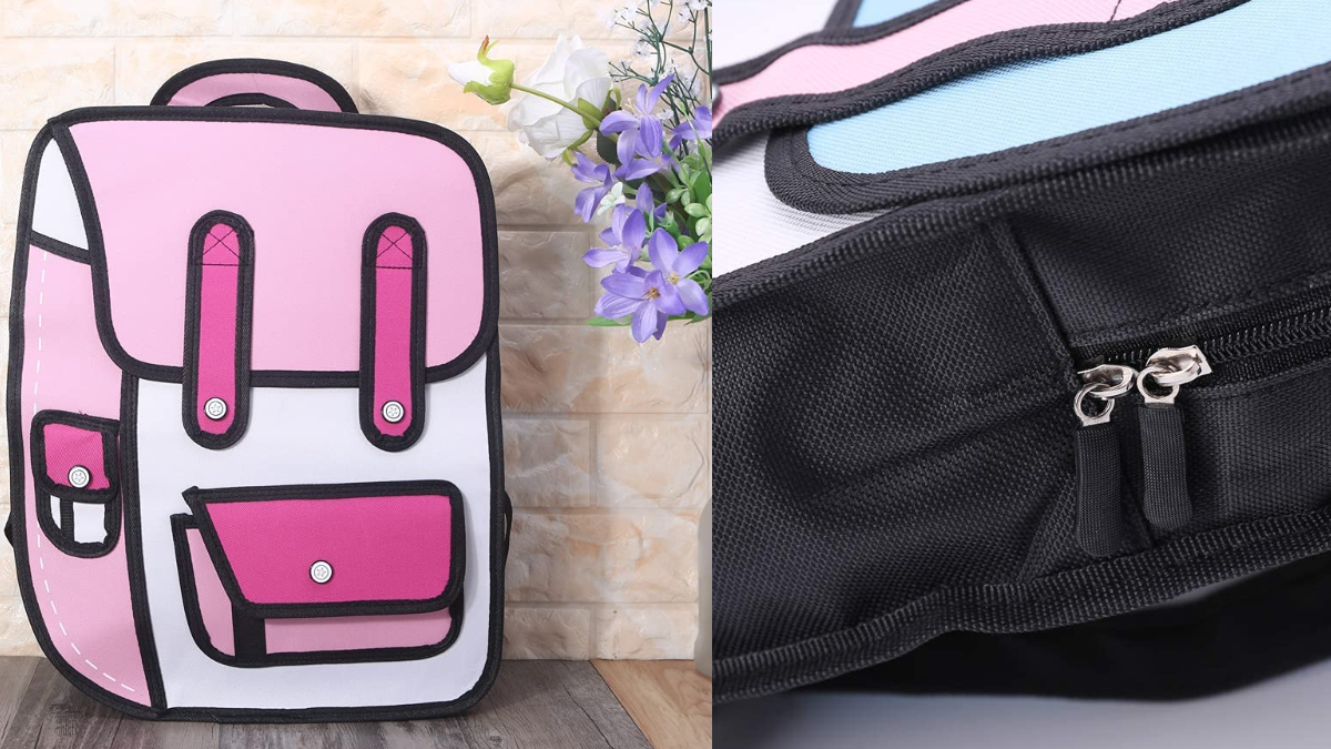 A pink backpack made to look like a 2D cartoon.