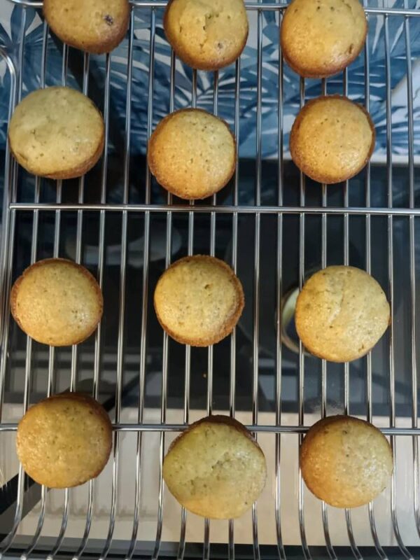 Donut muffins cooling on rack