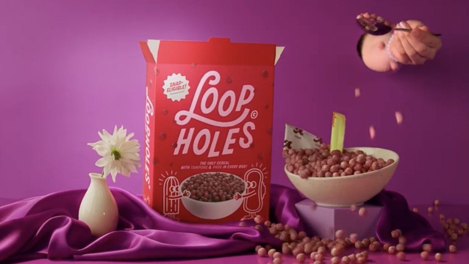 Fake cereal brand Loopholes takes on period poverty