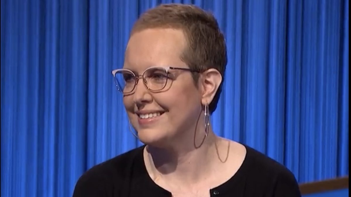 "Jeopardy!" champion Christine Whelchel is shown after removing her wig during her run on the show to normalize the effects of cancer treatments.