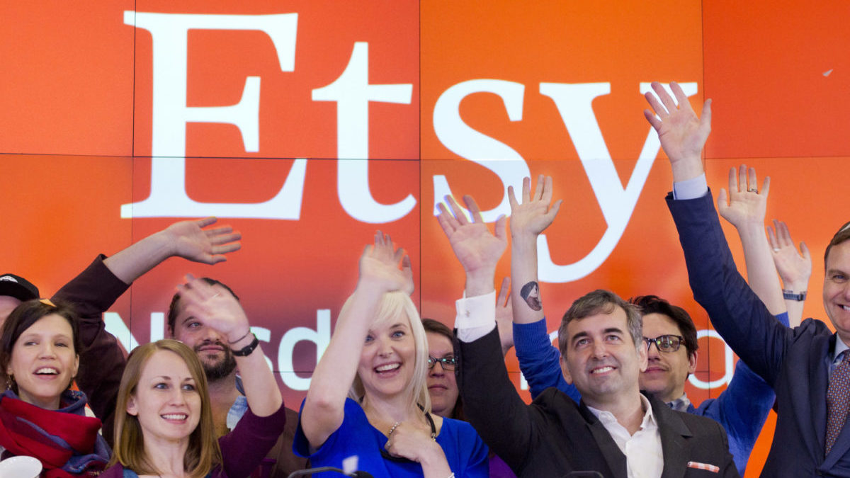Etsy executives celebrate on Wall Street.