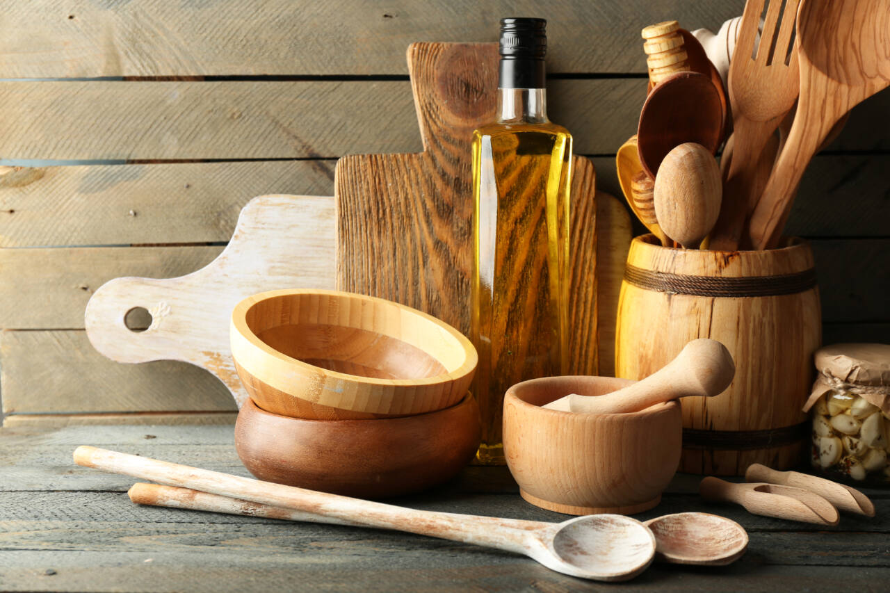 wooden spoons, bowls and cutting boards