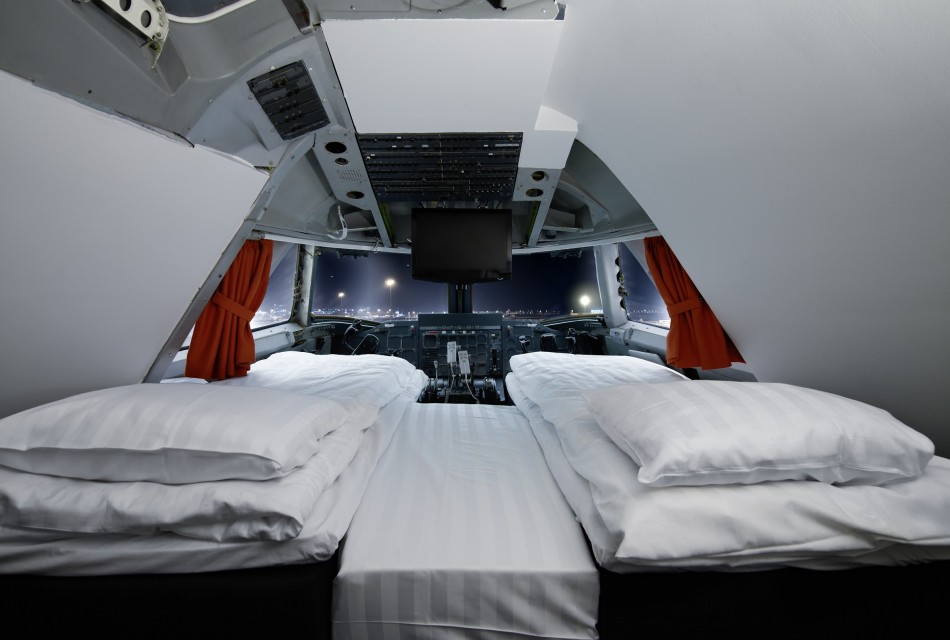 Inside the cockpit suite at Jumbo Stay, a former airplane-turned-hotel in Sweden