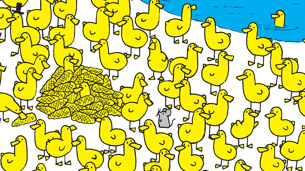 A hidden-picture puzzle shows a scene full of ducks with a chick among them.