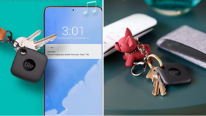 Tile Mate tracker attached to keys, phone with Tile app