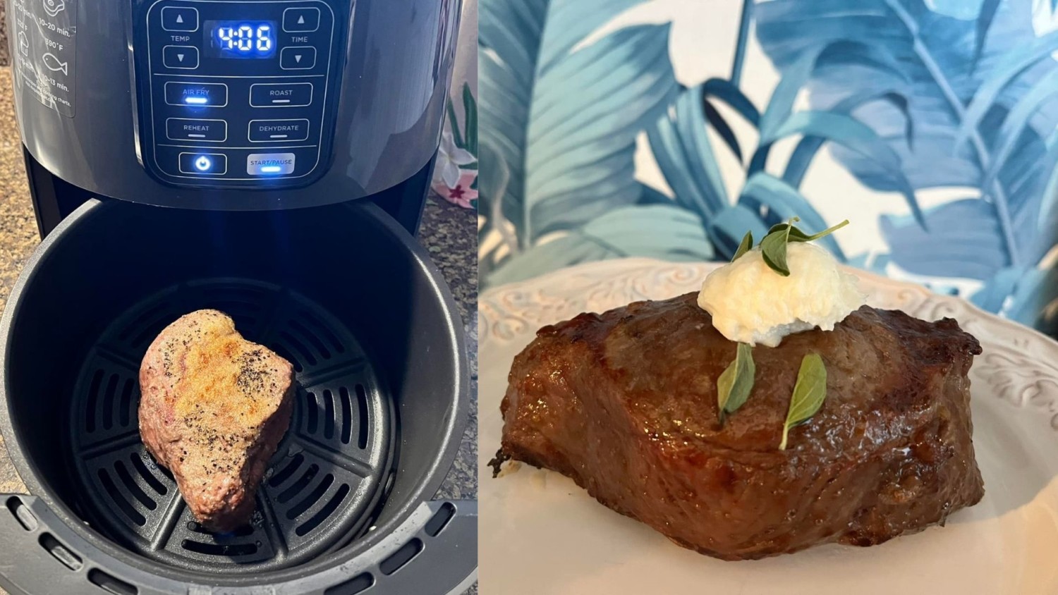 Steak cooked in an air fryer topped with garlic butter