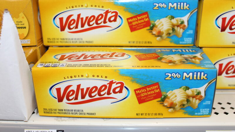 Velveeta Cheese in a square box shot closeup at a Discount store