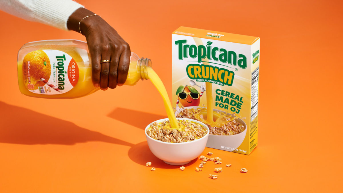 A bowl of Tropicana's special cereal, Tropicana Crunch, which is meant to be eaten with orange juice.