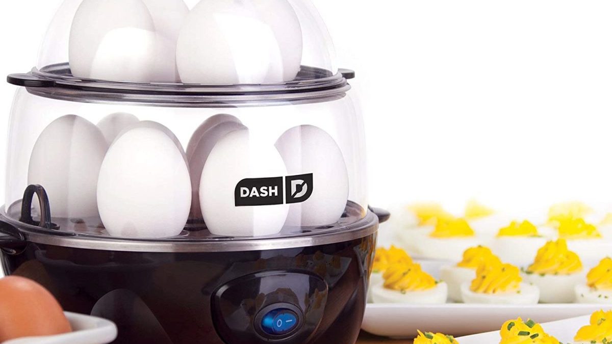 A Dash Deluxe Egg Cooker is shown with deviled eggs.