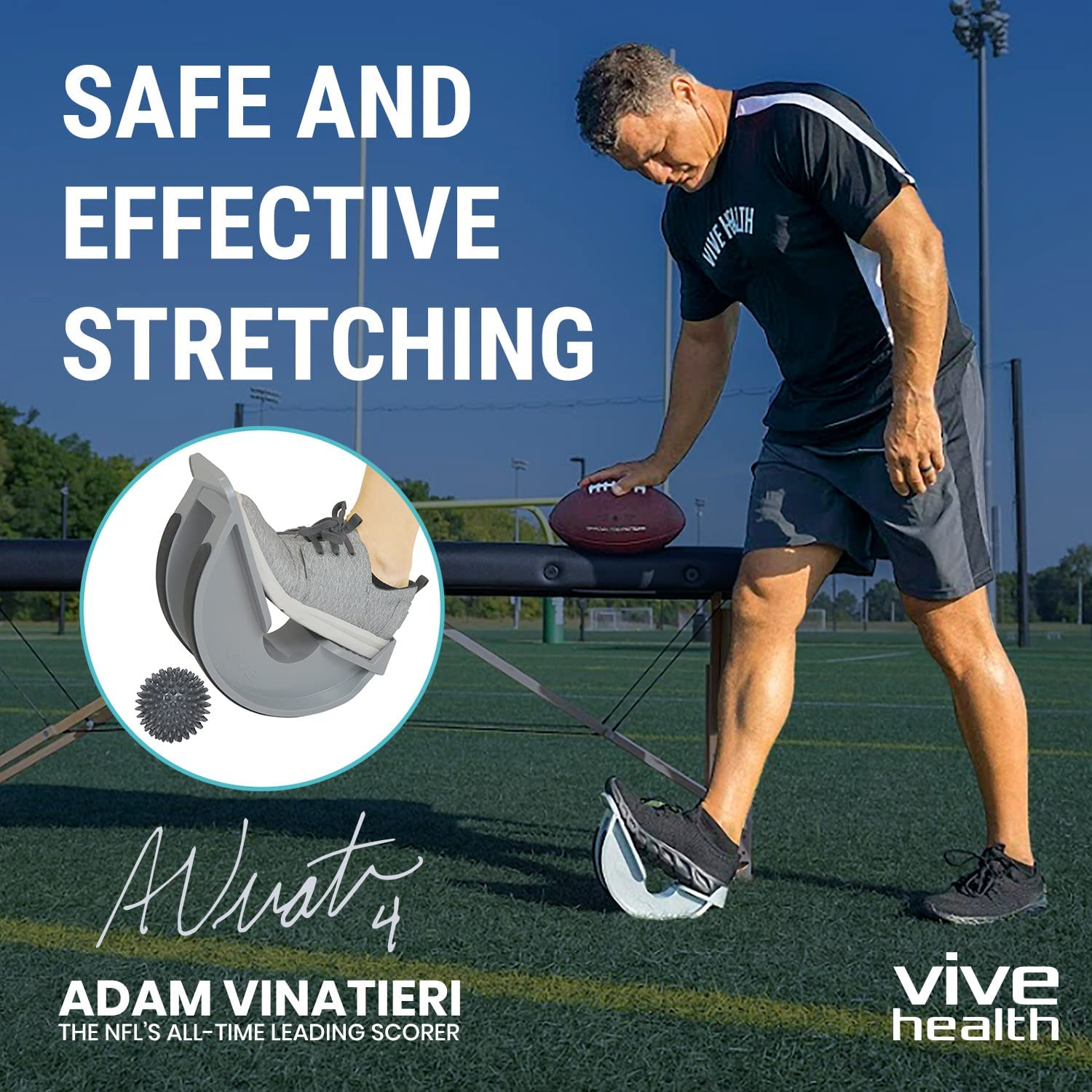 Adam Vinatieri using calf stretcher