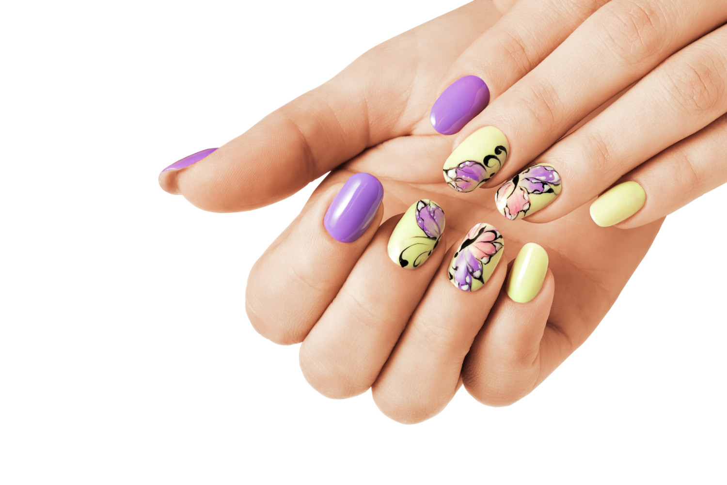Summer manicure with a butterfly pattern