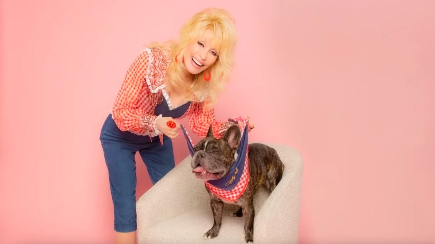 Dolly Parton with dog for Doggy Parton line