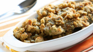 Stuffing in white dish on table