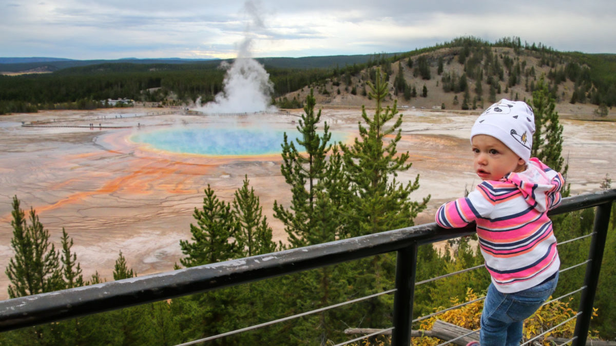 Toddler girl standing at Grand Prismatic Spring overlook.