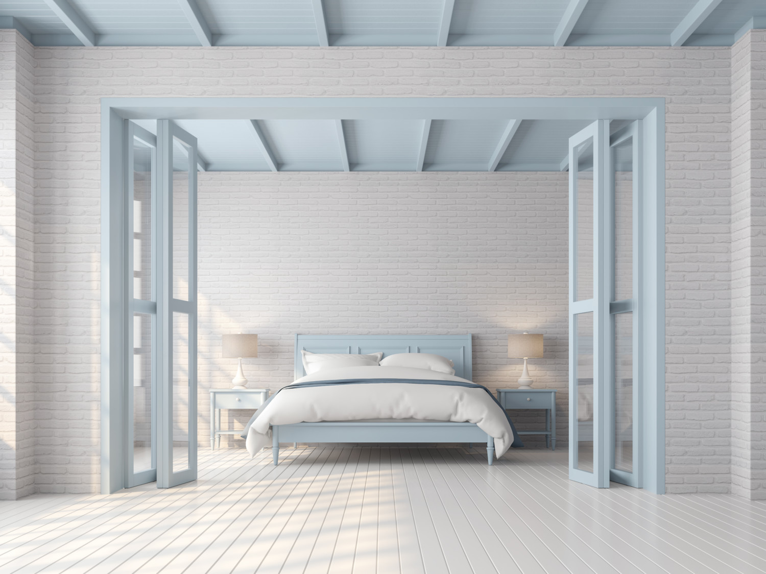 Bed in bedroom with open French doors