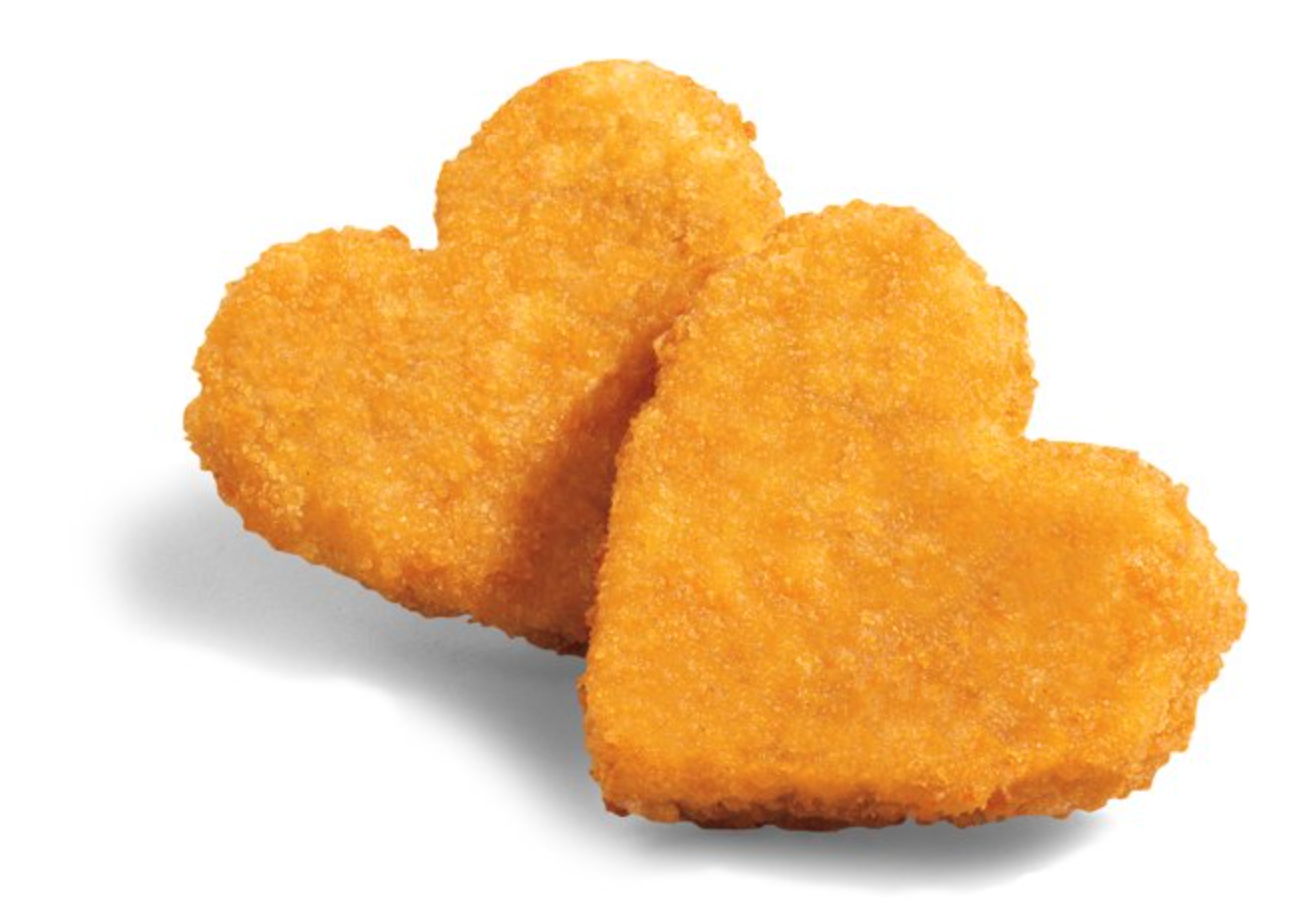 A close-up up Tyson's "Nuggets of Love" chicken nuggets.