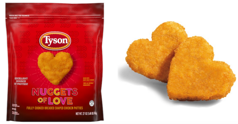 Bag of Tyson "Nuggets of Love" heart-shaped nuggets and two of the nuggets.