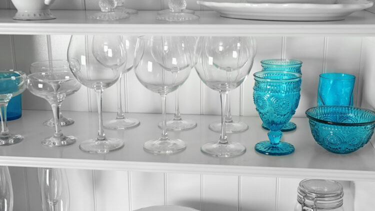 Glassware stored on kitchen shelf