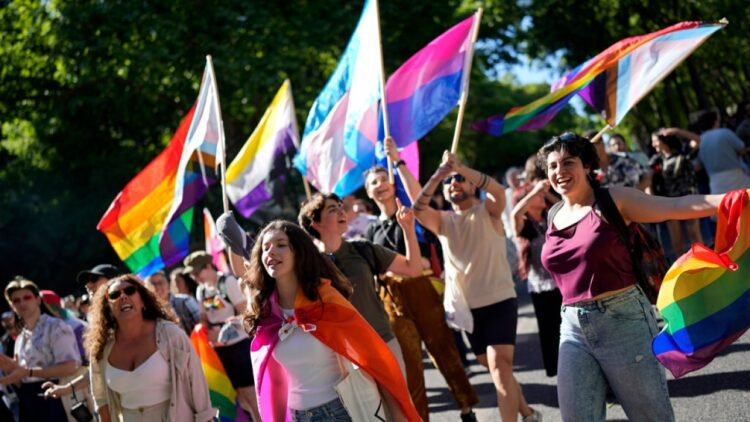 People in parade carry Pride flags