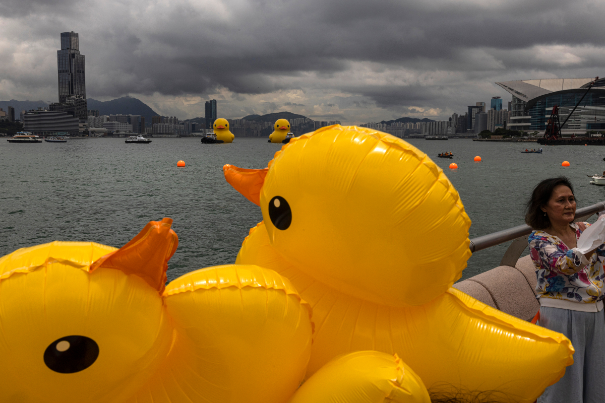 One of two giant rubber ducks in Hong Kong harbour deflates