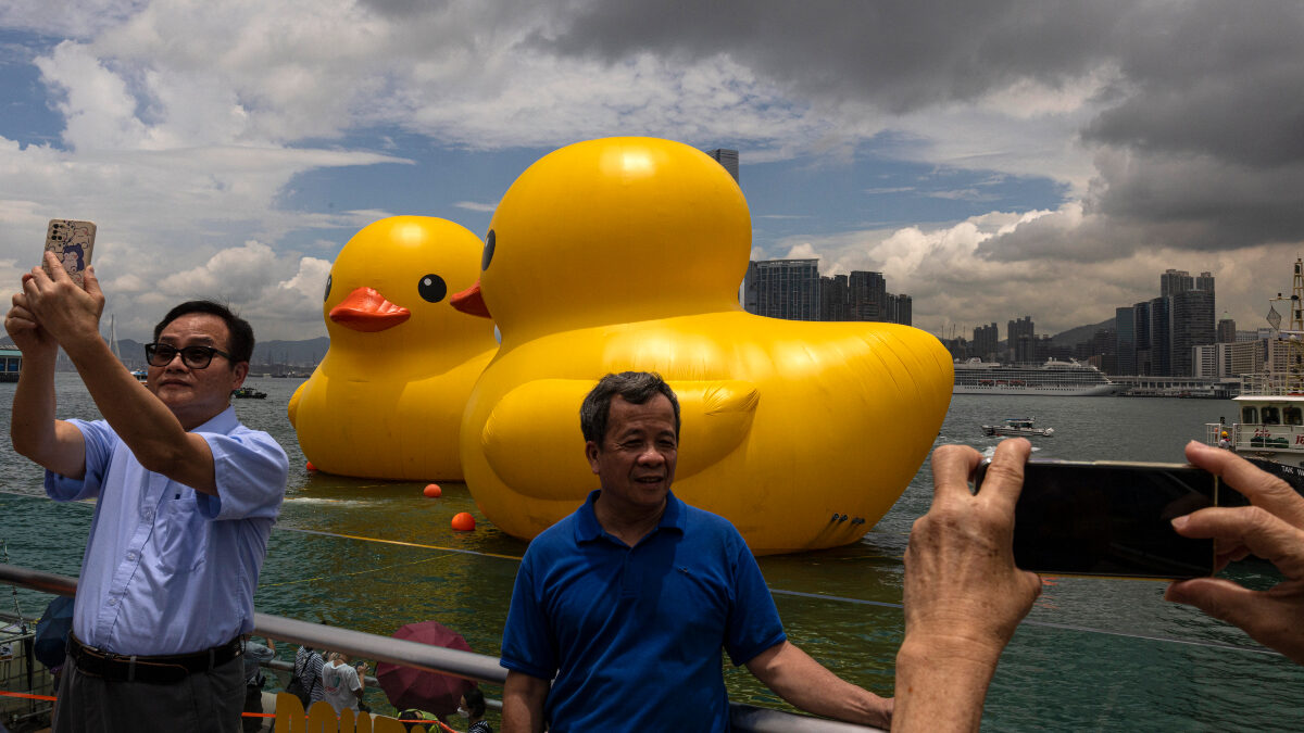 Giant inflatable ducks in harbor in Hong Kong