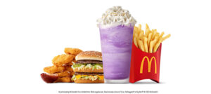 Grimace birthday meal at McDonald's, with purple shake