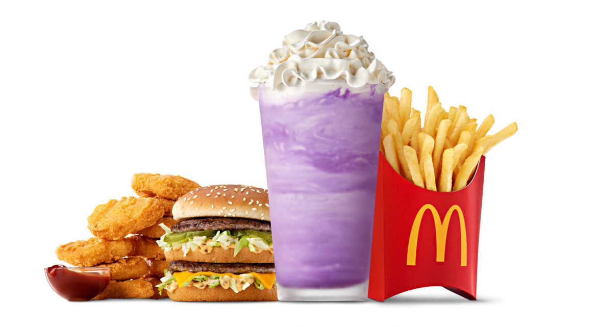 Grimace birthday meal at McDonald's, with purple shake