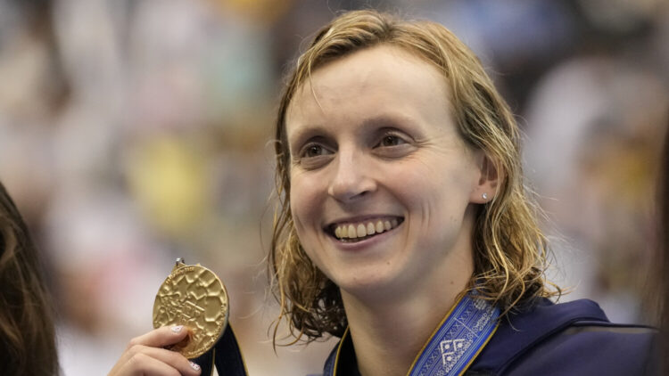 Swimmer Katie Ledecky holds gold medal