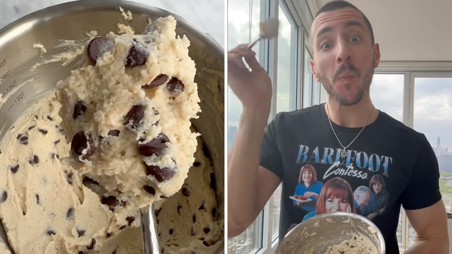 Left: cottage cheese cookie dough. Right: Jake Cohen.
