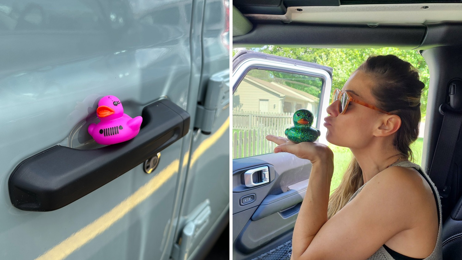Duck on Jeep handle; woman holds duck in Jeep