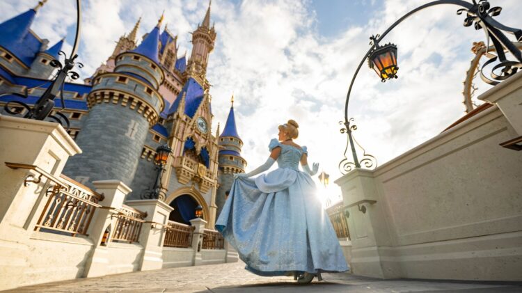 Cinderella approaches Cinderella Castle at Disney World's Magic Kingdom