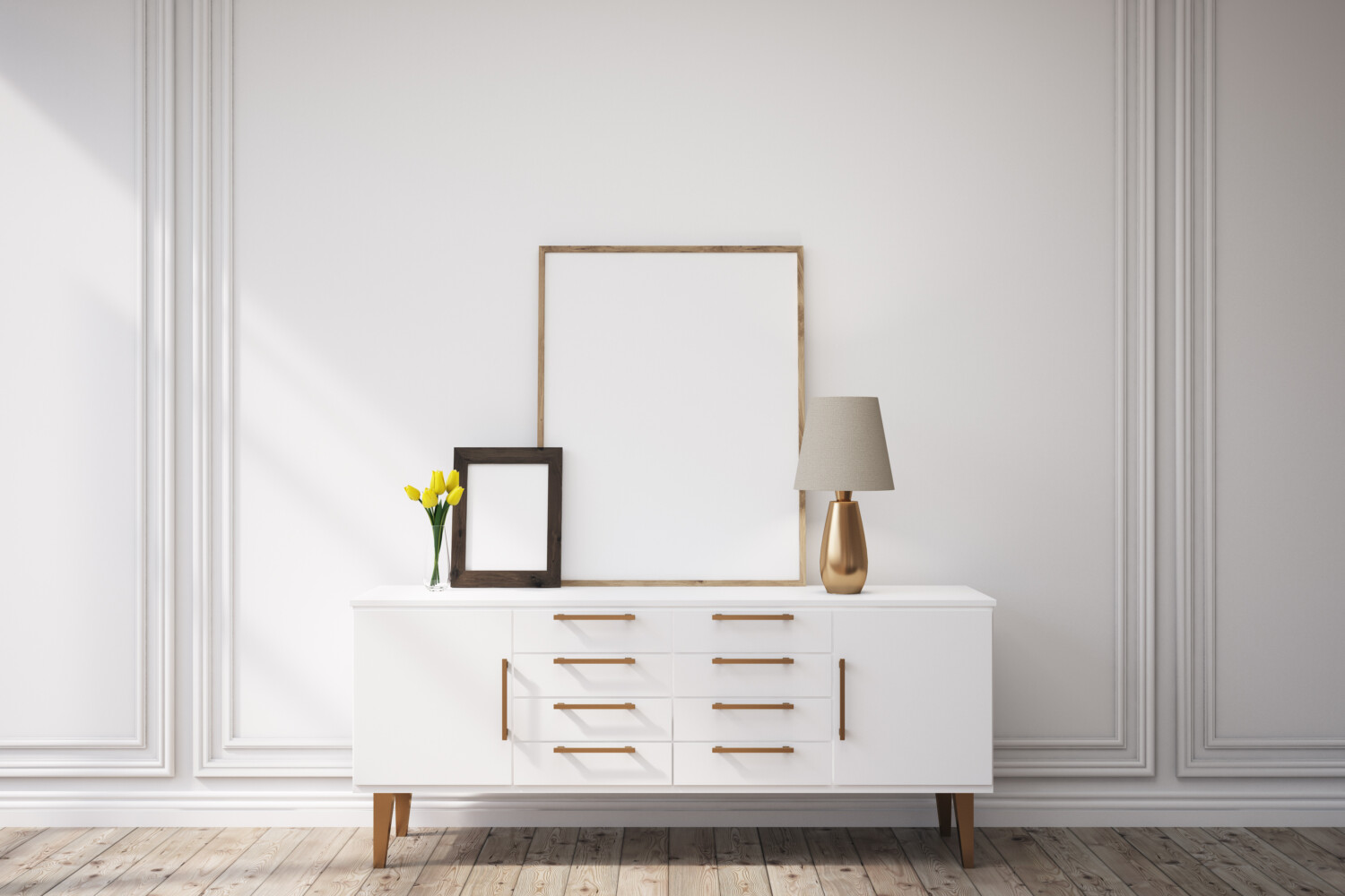 white cabinet with gold pulls