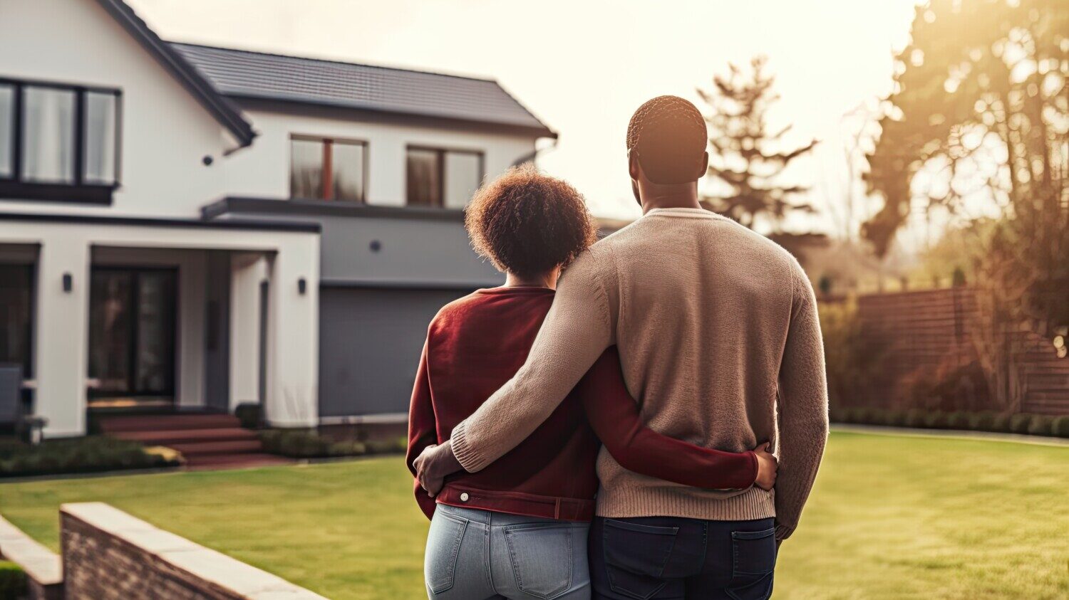 Couple looks at their new home from yard