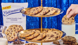 Entenmann's ready-to-bake cookie dough and cookies on tray