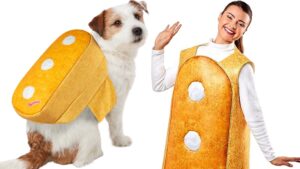 Matching Hostess Twinkie costumes on dog and woman