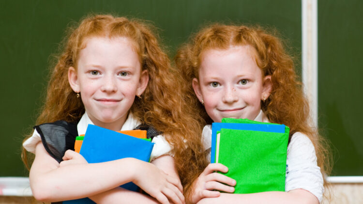 redheaded twin girls hold notebooks at school