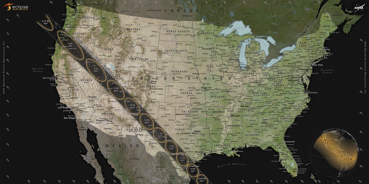 A map of the annular solar eclipse on October 14, 2023.