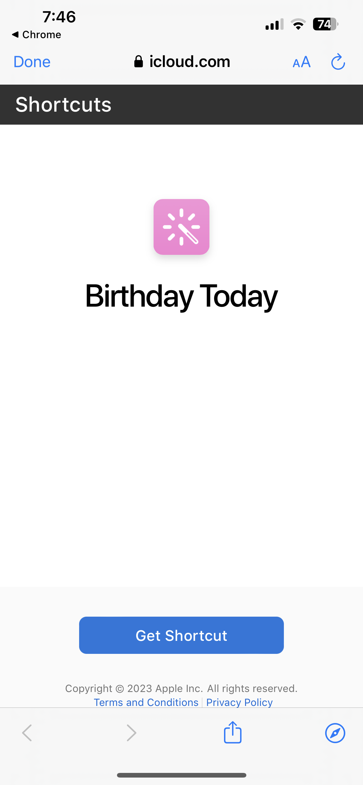 Screen grab showing Birthday Today Shortcut