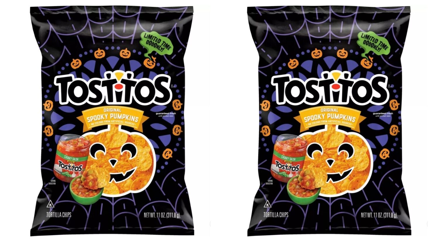Bags of Tostitos pumpkin-shaped chips