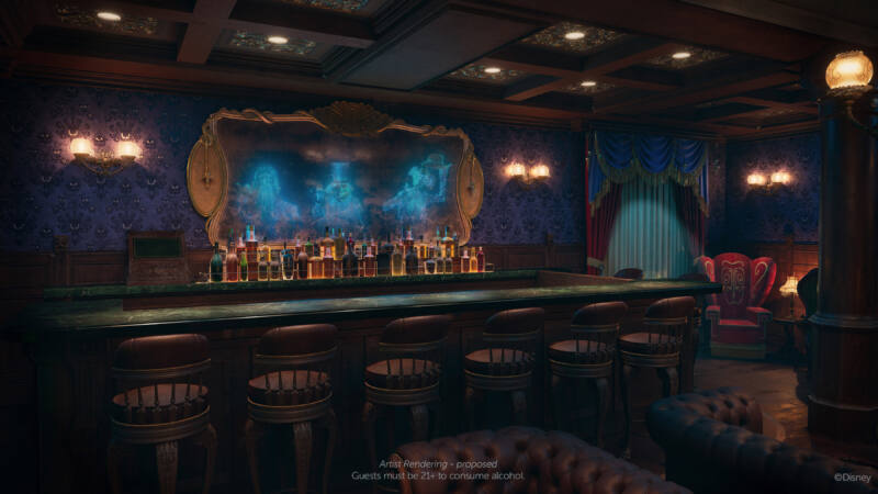 Dimly lit Haunted Mansion Parlor, a bar aboard the Disney Treasure