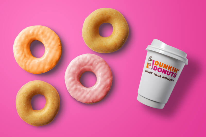 Dunkin' glazed donuts and coffee cup