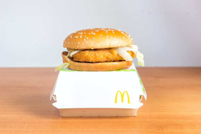 McDonald's McChicken on top of carryout box