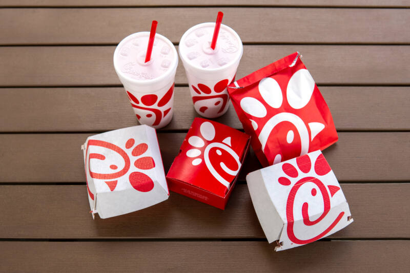Chick-fil-A carryout boxes and cups
