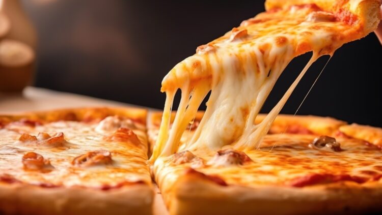 Cheese stretches to slice of hot pizza removed from pie