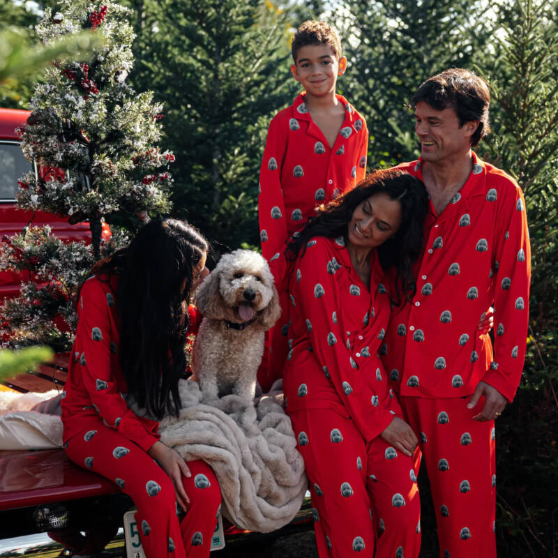 Family wears custom pajamas with pet's face