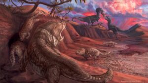 Painting depicting Early Jurassic scene from the Navajo Sandstone desert preserved at Glen Canyon NRA