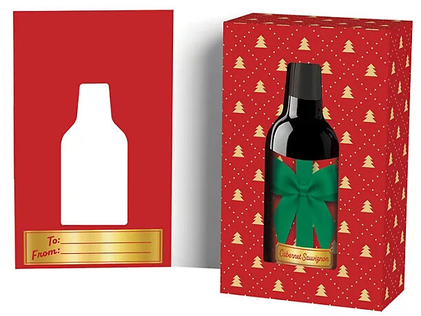 wine greeting card, brightly colored box containing bottle of wine with greeting card flap attached
