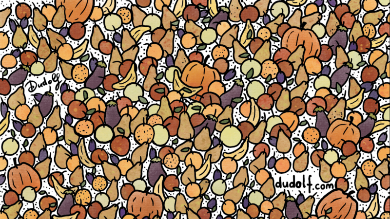 busy illustration of fall pumpkins, gourds and eggplants