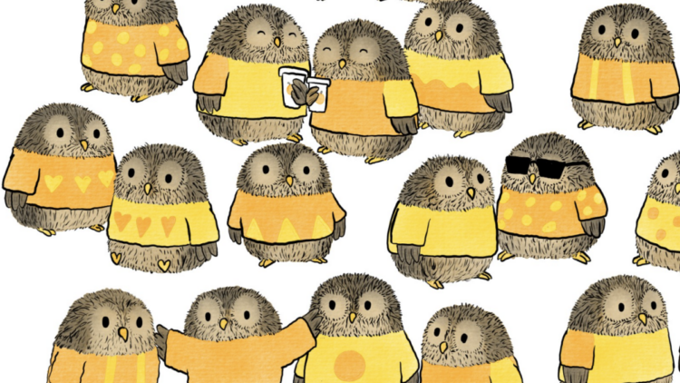 illustration of owls wearing yellow sweaters on a white background
